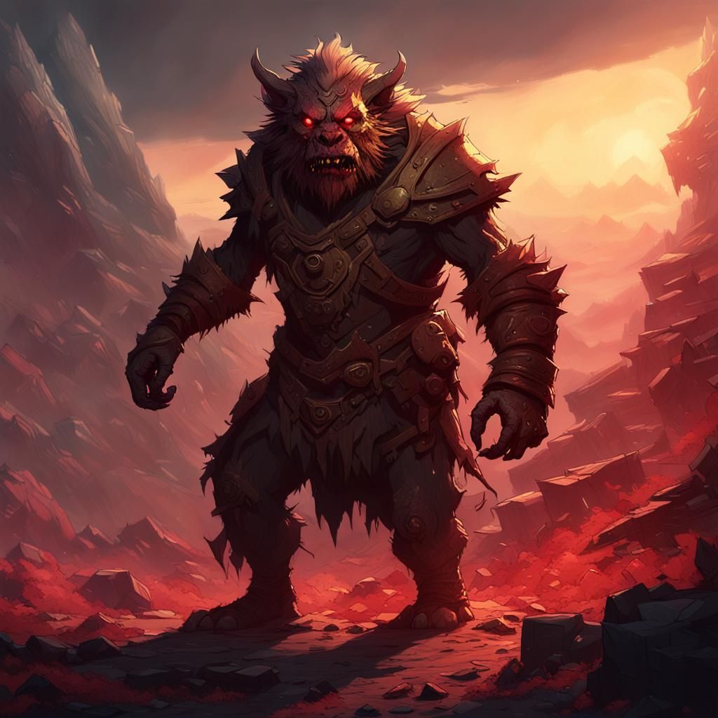 Dark Fantasy Bugbear in a Ruined Ruby Realm