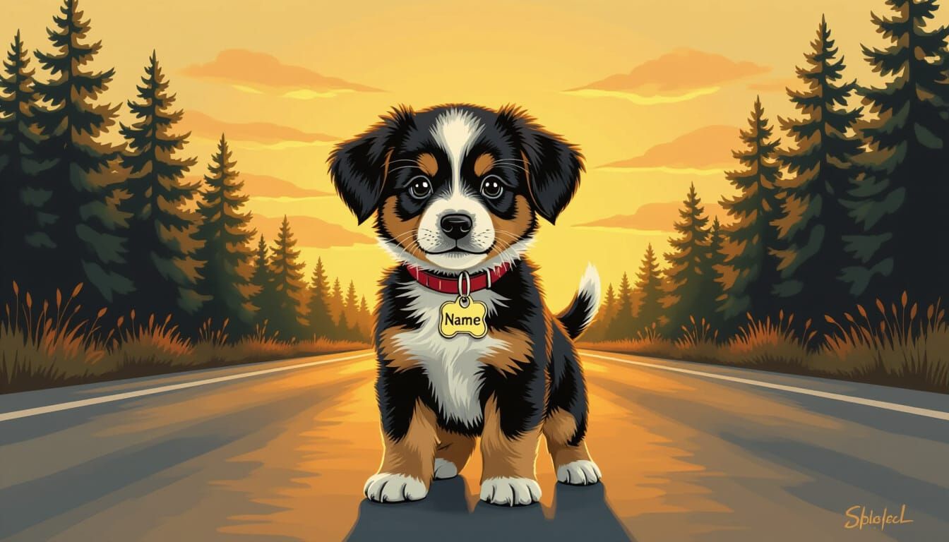 Rescued Puppy on Highway in Whimsical Style