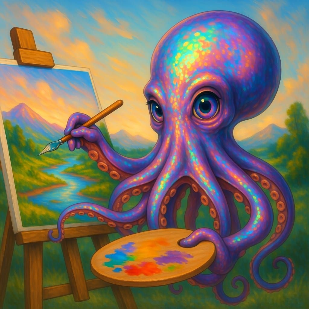 Iridescent Octopus Artist Paints Landscape