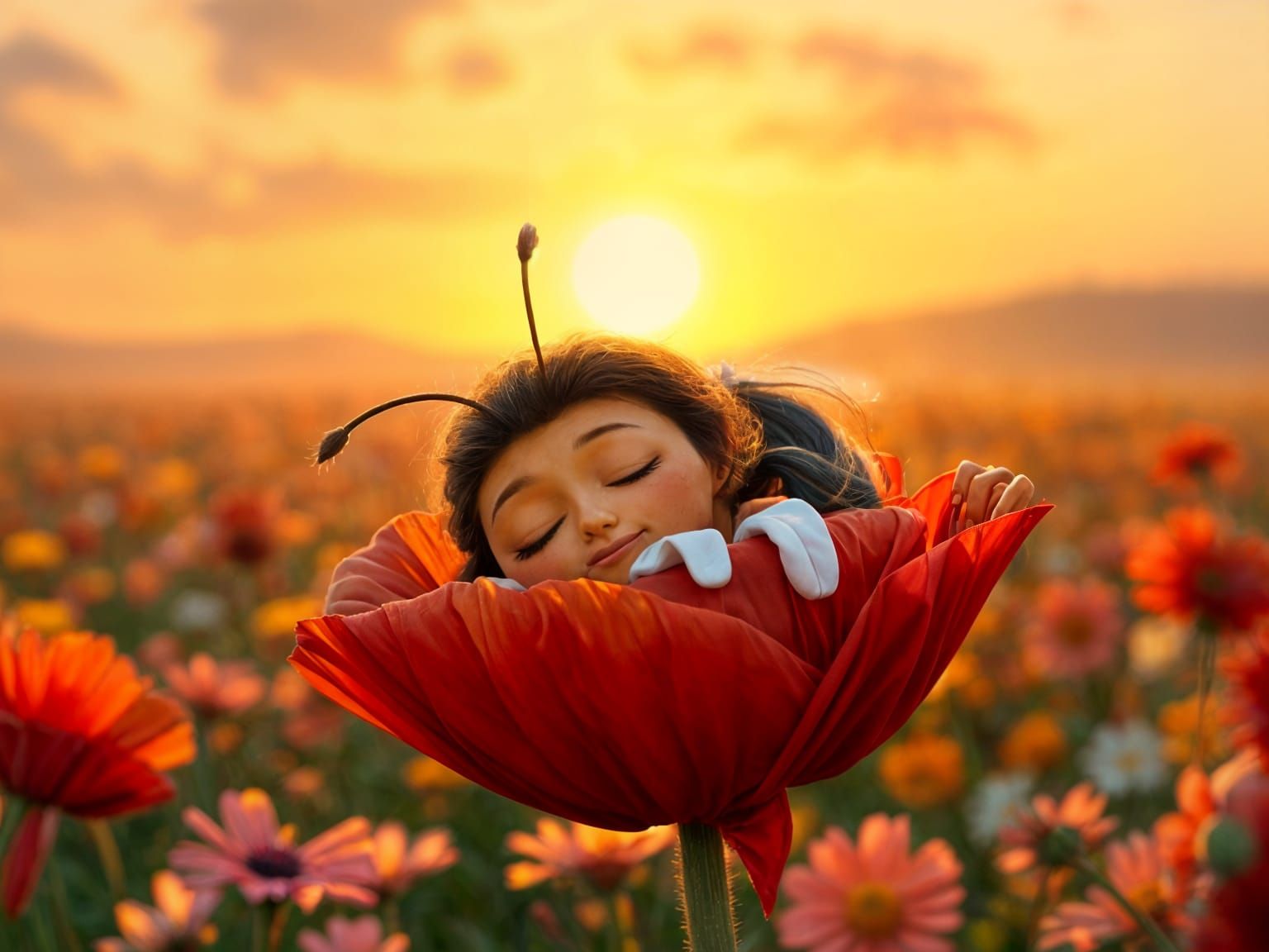Bumblebee Sleeping in Poppy, Disney Pixar Style