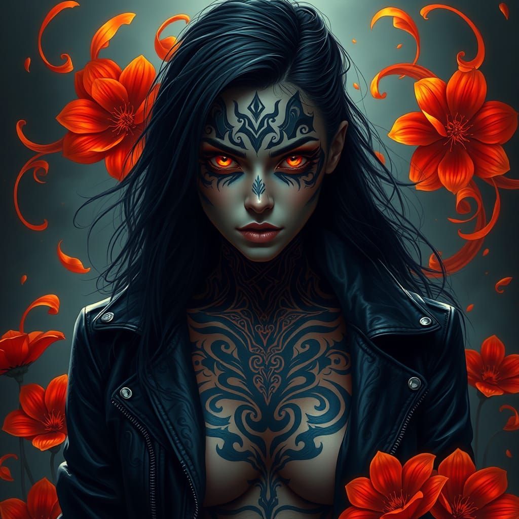 Tattooed Woman in Floral Fantasy Art