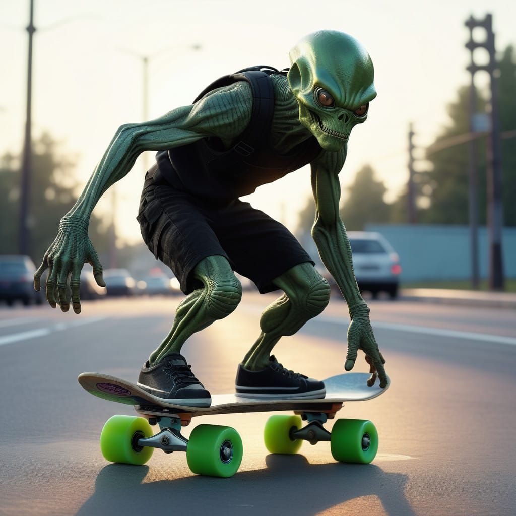 Realistic Alien on a Metallic Skateboard