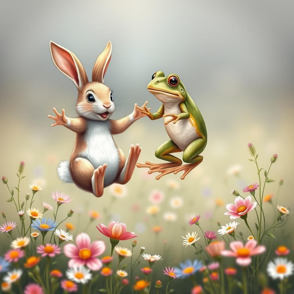 Rabbits and Frogs Leap Amidst Vibrant Wildflowers in High-Sp...