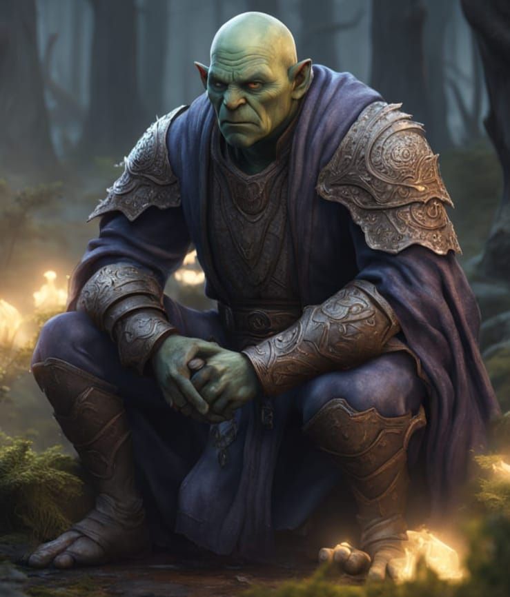 Frail Orc Cleric in Misty Forest: Fantasy Art