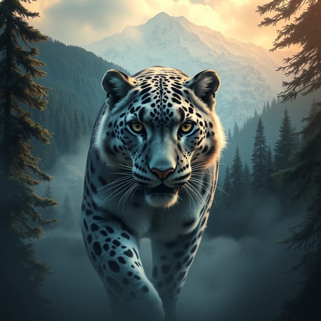 Majestic Snow Leopard Emerges from Himalayan Mist in Cyberpu...