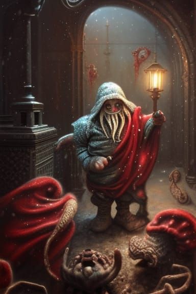 Cthulhu and Santa Play in Winter, Hyperrealistic