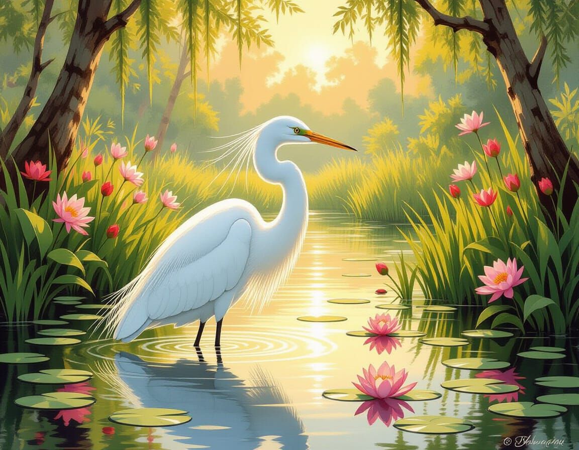 Elegant Egret in Wetland Scene: Realistic Wildlife Art