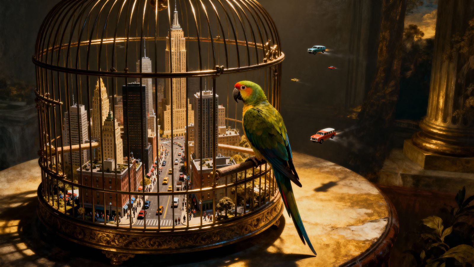 Miniature NYC Metropolis Inside Birdcage, Matte Painting