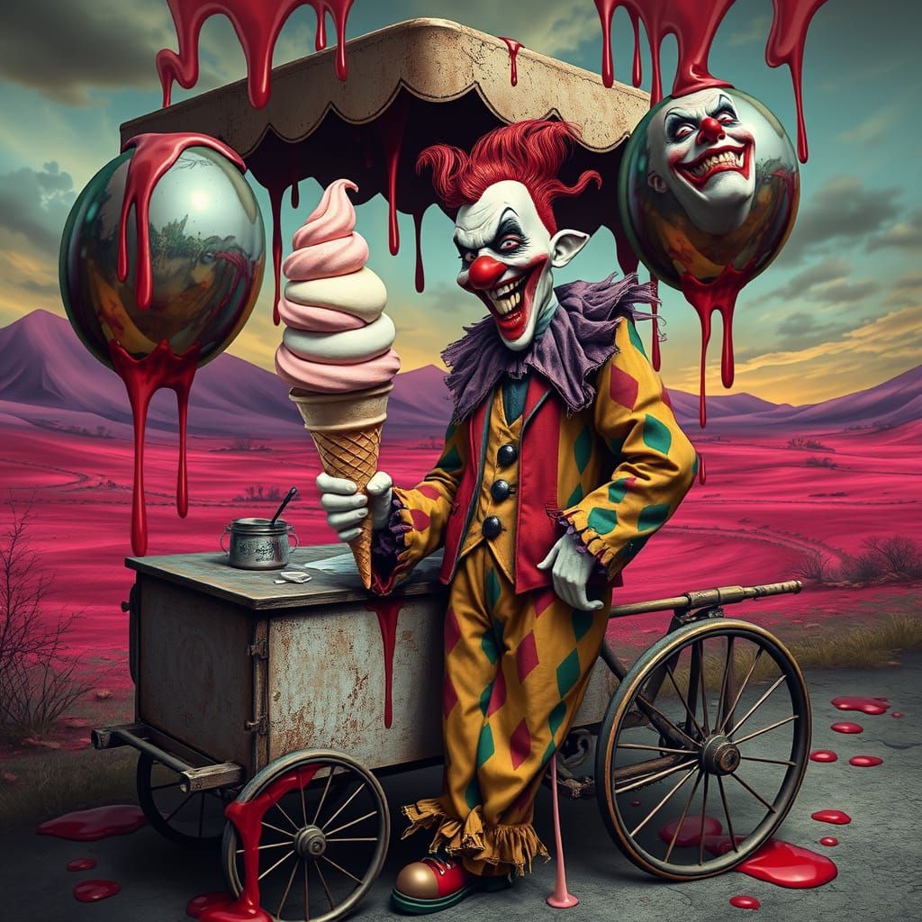 Sinister Clownish Ice Cream Vendor in Surreal Landscape
