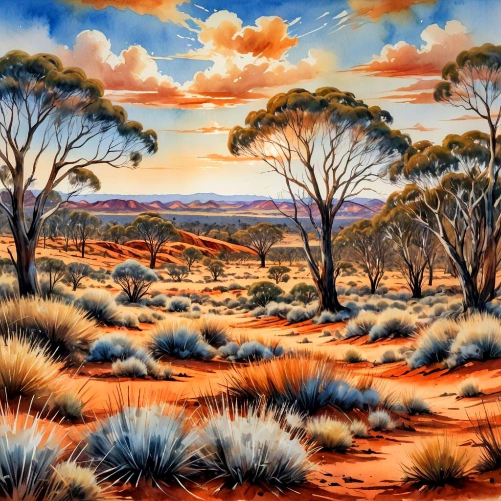 Australian Outback Landscape in Watercolor Style