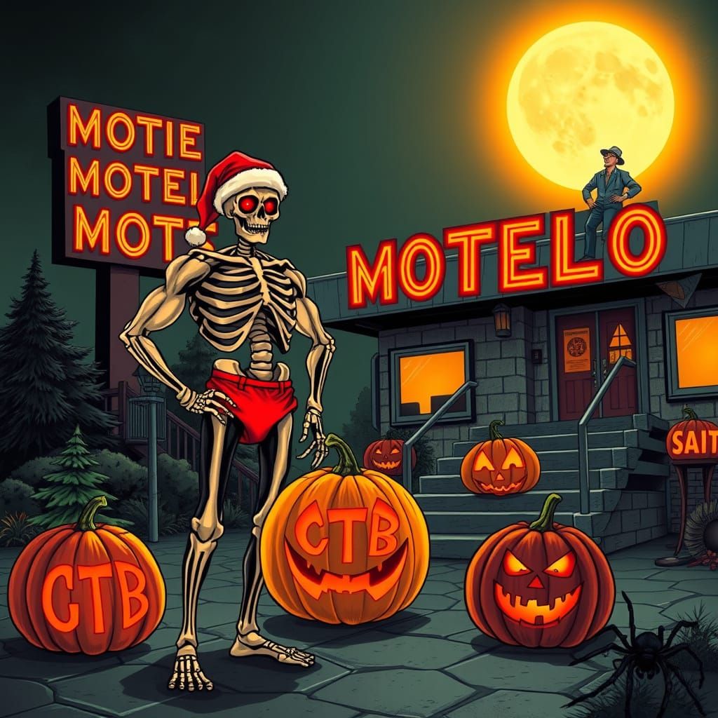 Muscular Skeleton Santa Winks at Spooky Motel