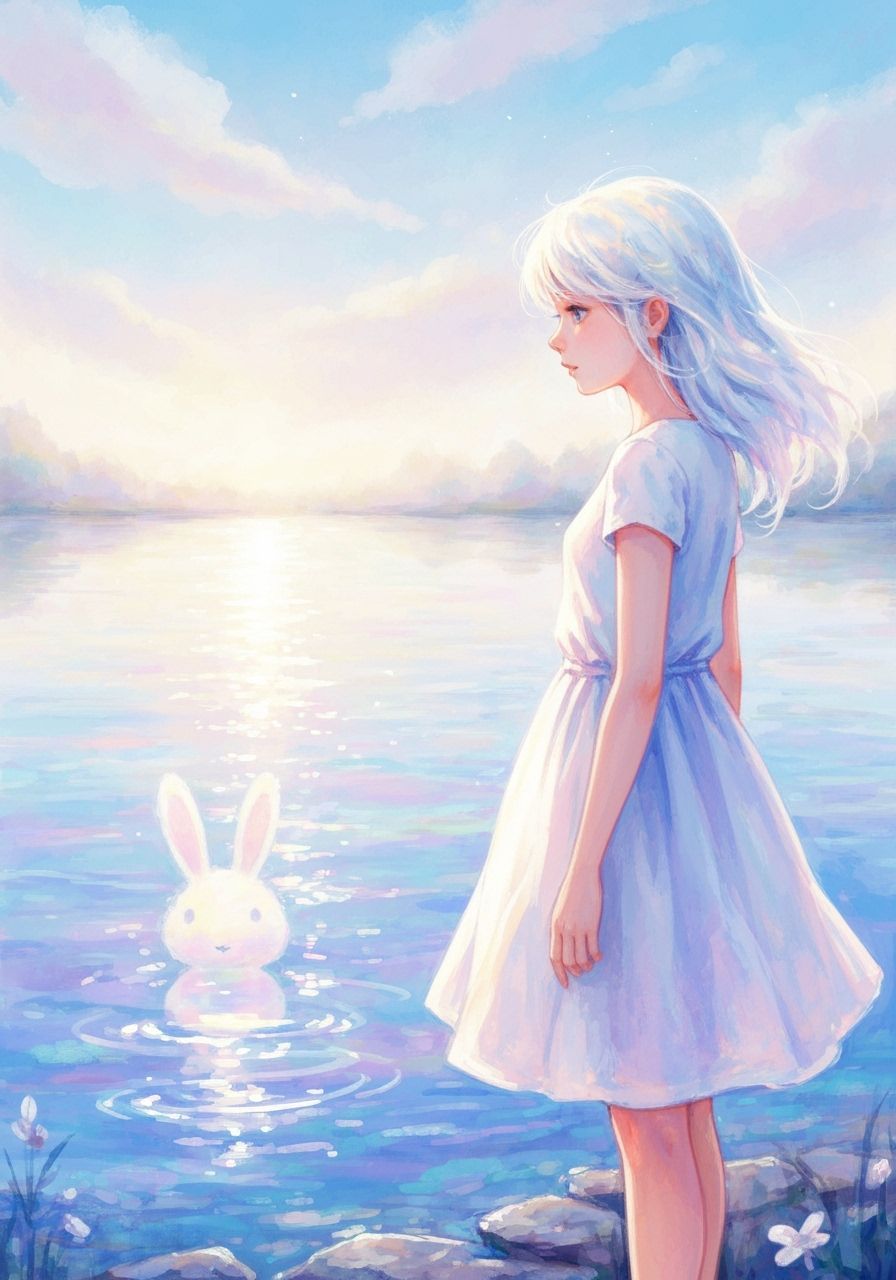 Girl with Moonlight Hair at Dream Lake in Watercolor Style