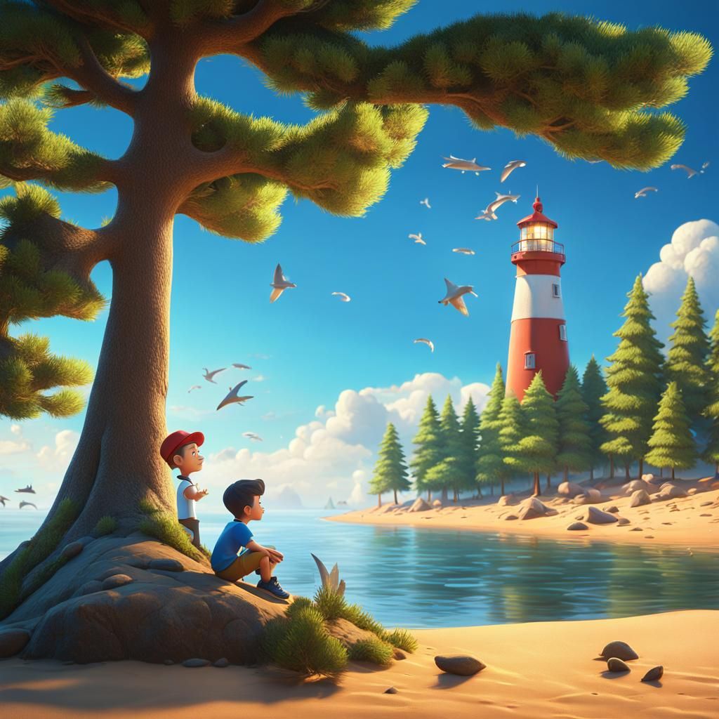 Boy by River with Ship and Lighthouse, Digital Art