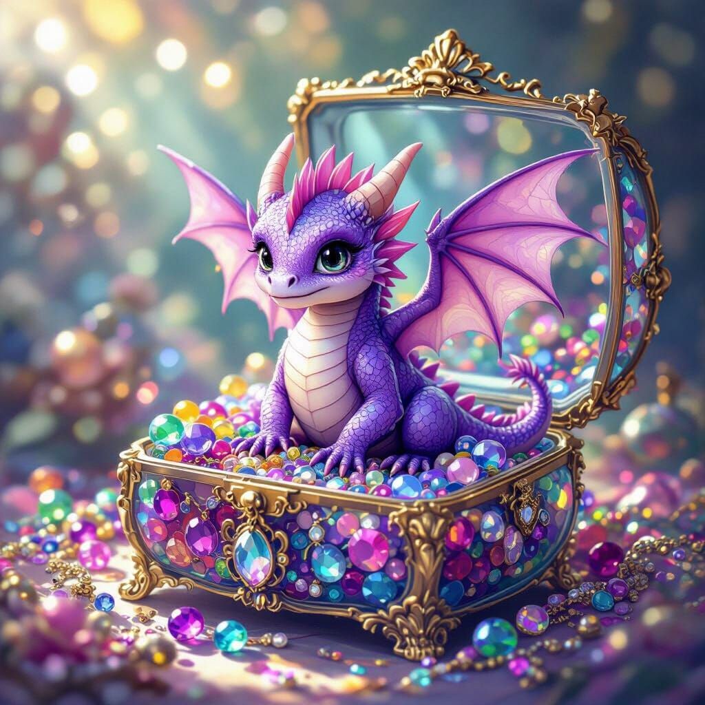 Baby Dragon in Jewel Box Fantasy Illustration