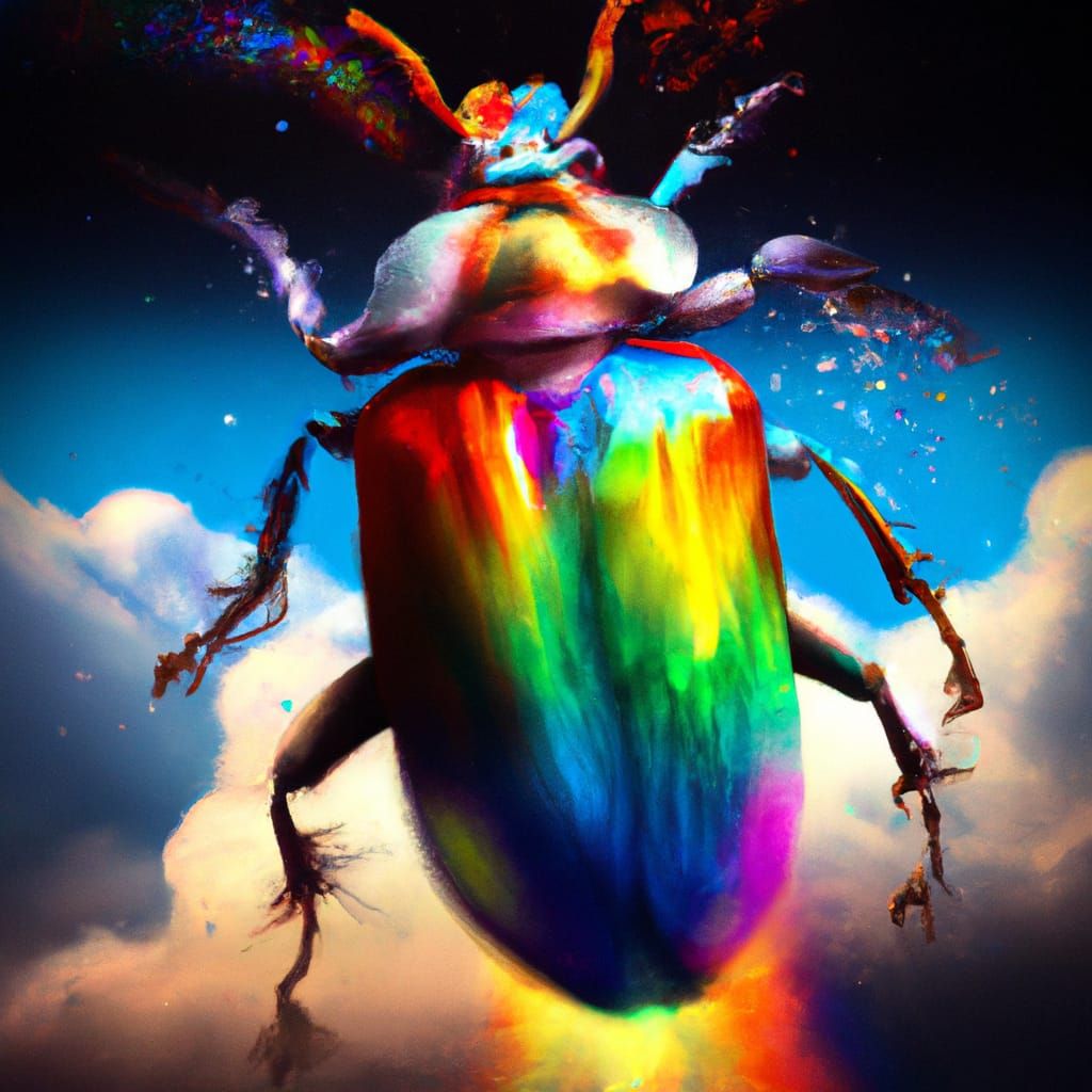 Rainbow Bug Soaring Through Synthwave Sky