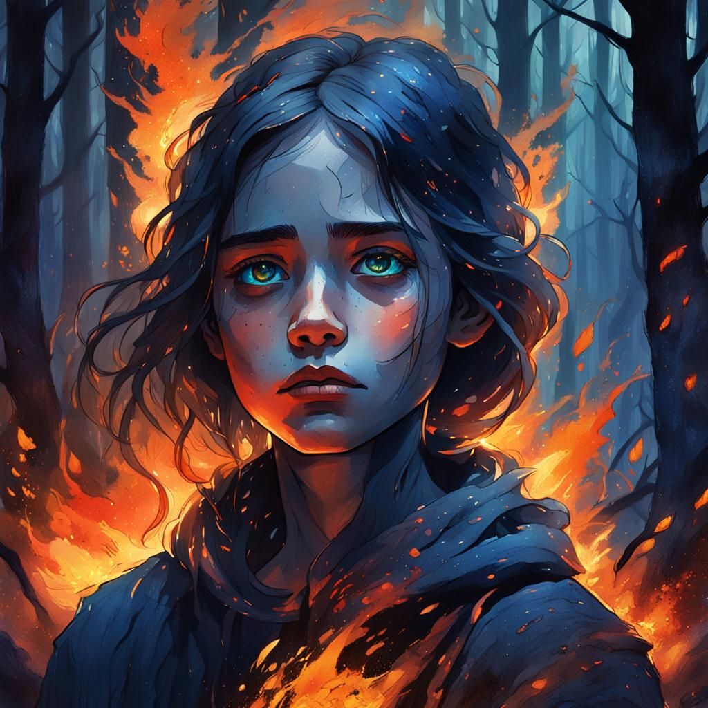 Sorrowful Girl in Mystical Forest: Atmospheric Concept Art