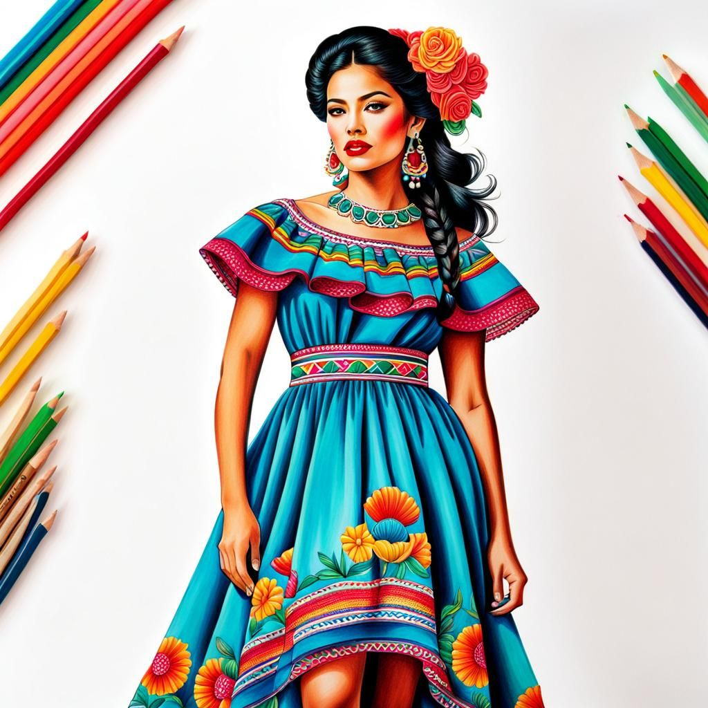 Fashion Design Sketch of Mexican Woman in Dress