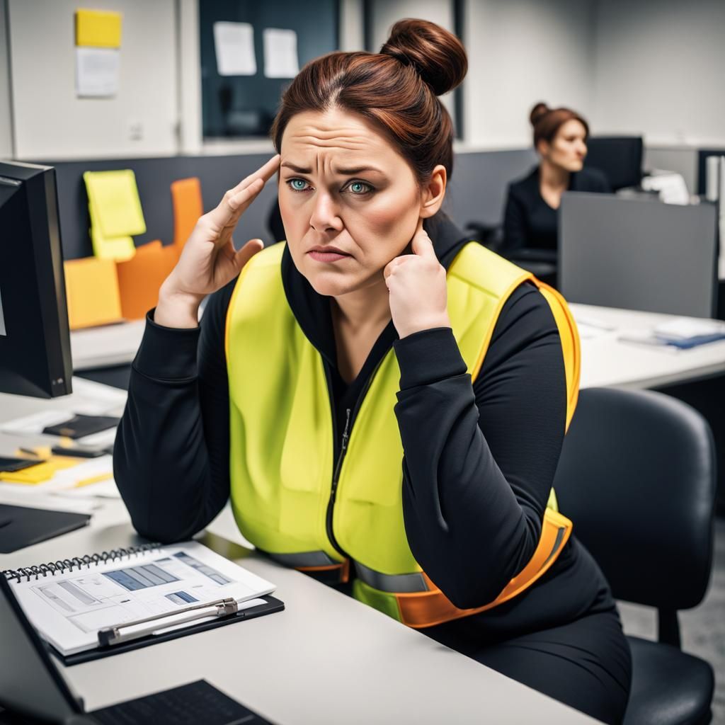 Stressed Woman in Construction Vest at Office