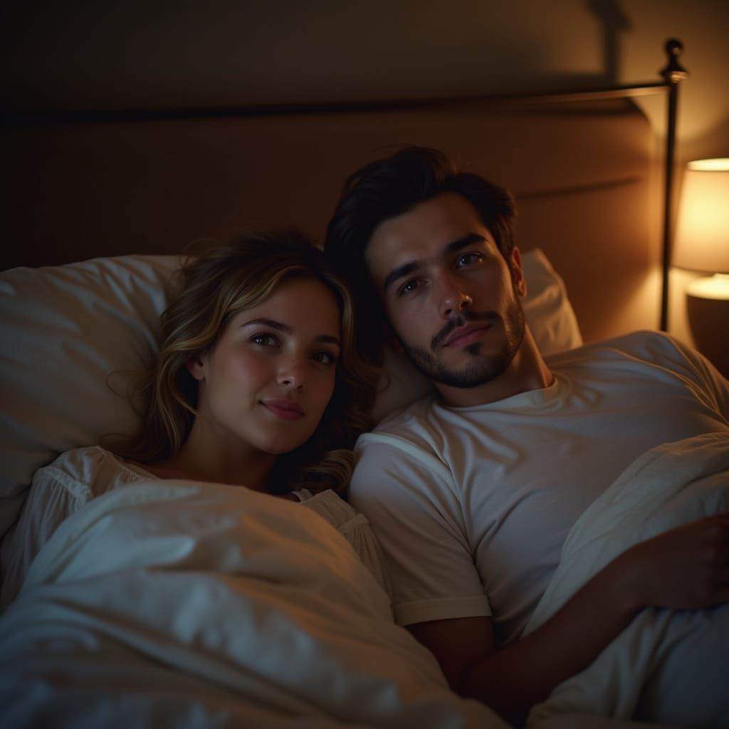 Young Italian man and woman sprawled on a bed watching Hallm...