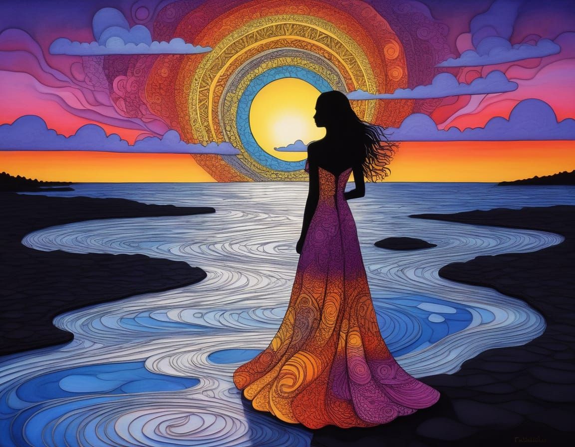 Woman in Zentangle Foam Dress at Sunset