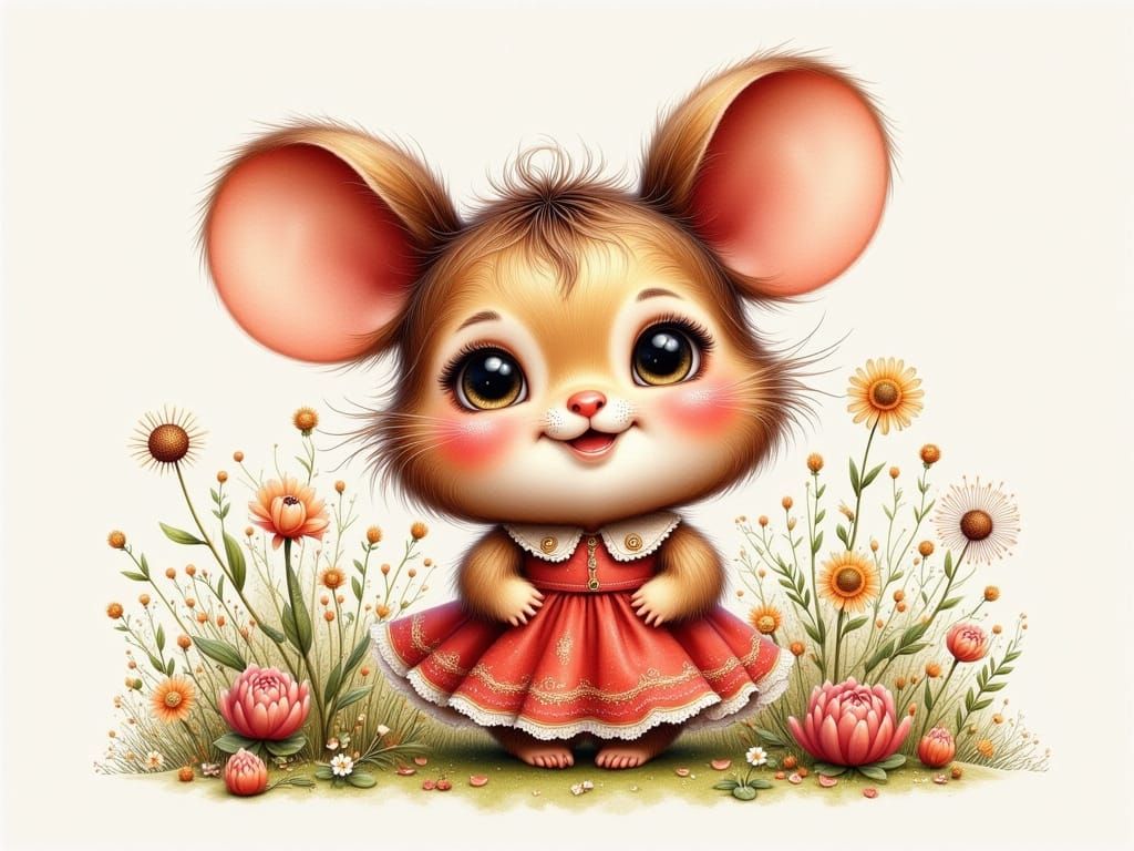 Whimsical Mouse in Dress Before Flower-Adorned House