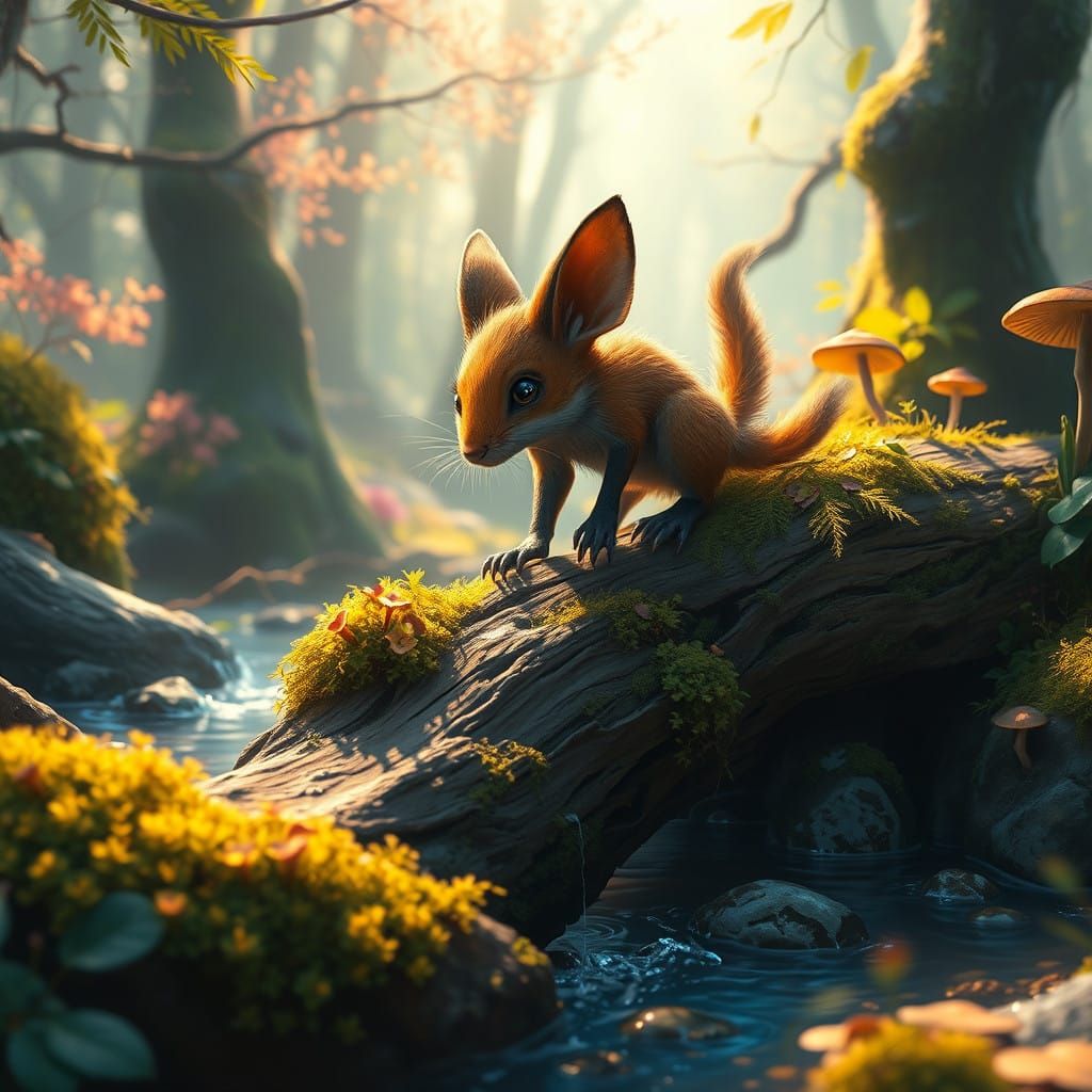 Mystical Mousefox Navigates Sun-Dappled Stream in Forest