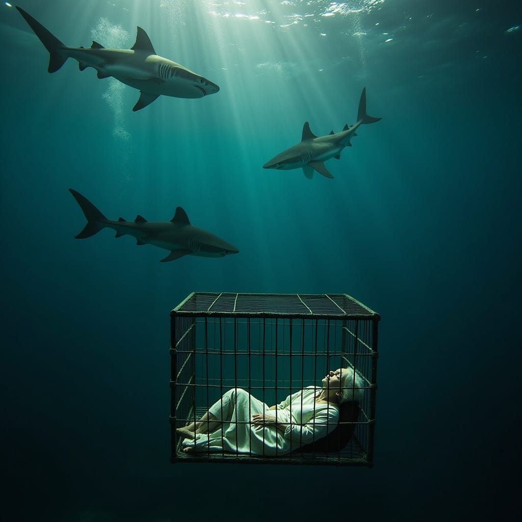 Elderly Woman in Tropical Cage, Surrounded by Sharks