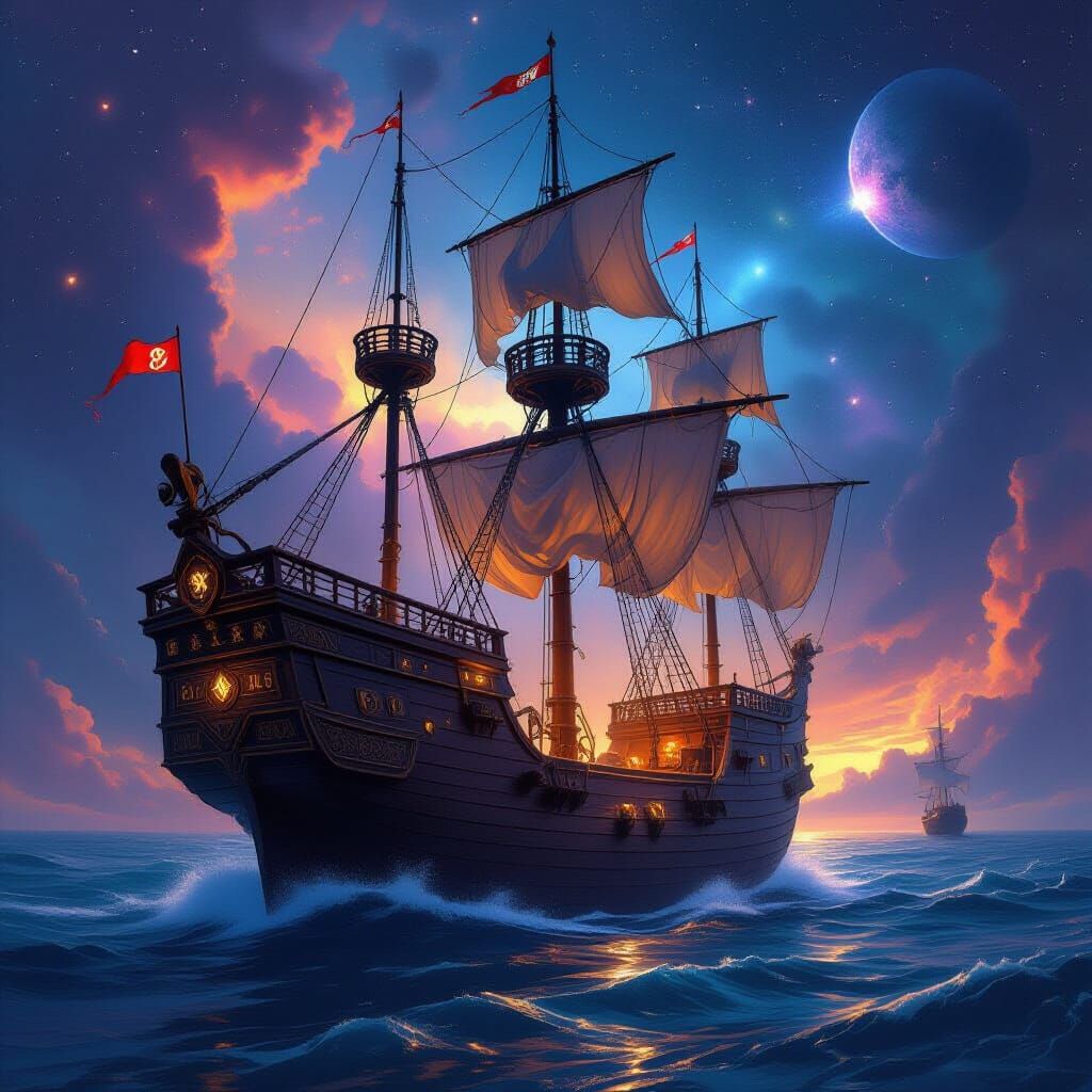 Galleon Sails Through Nebula in Epic Space Opera Style