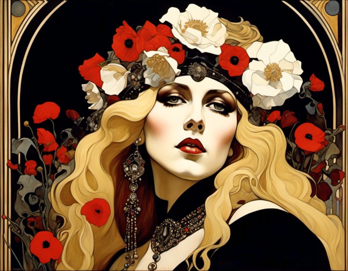 Stevie Nicks Art Nouveau Portrait with Flowers