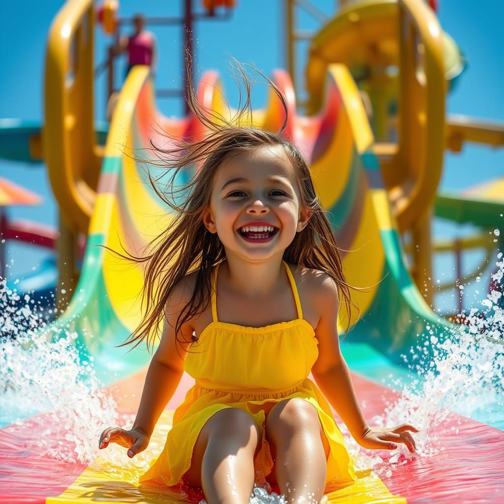 Joyful Girl on Water Slide in Realistic Photo