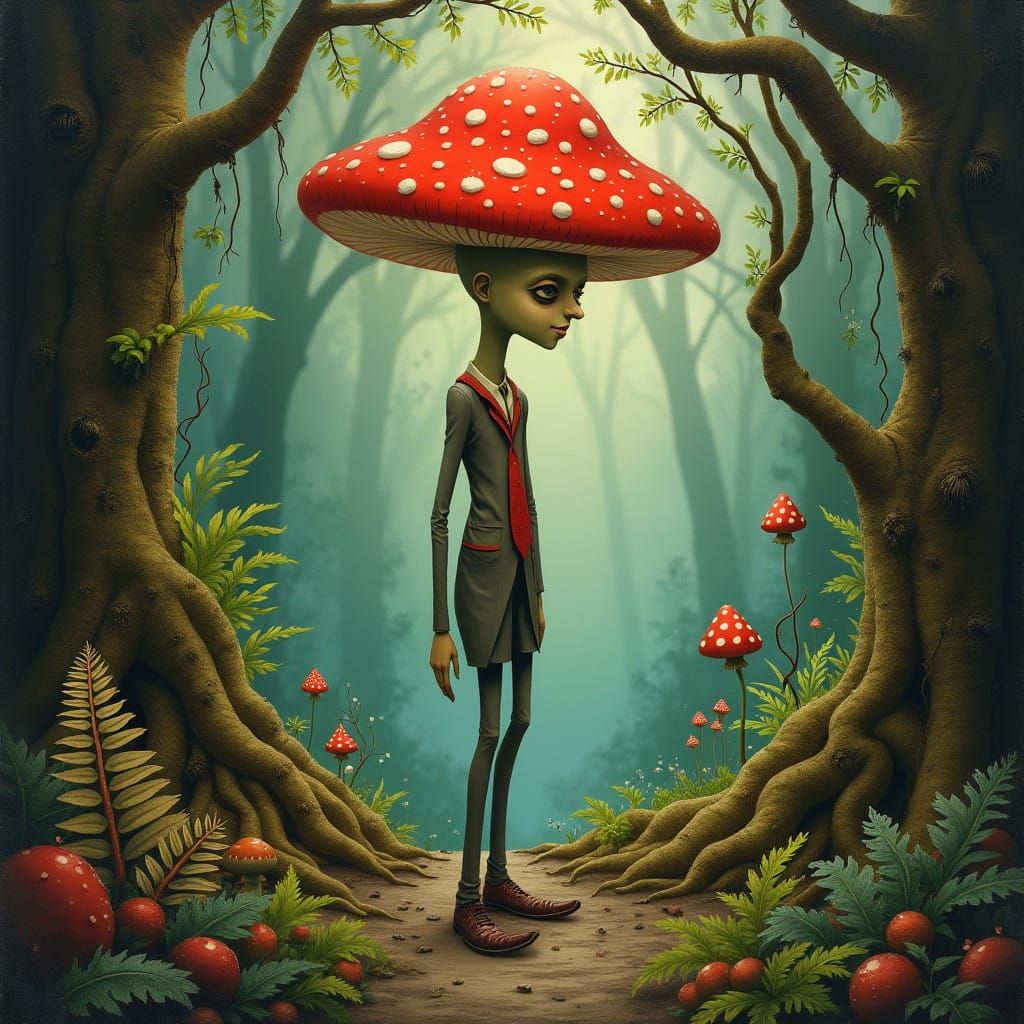 Whimsical Red-Capped Gentleman in Enchanted Forest