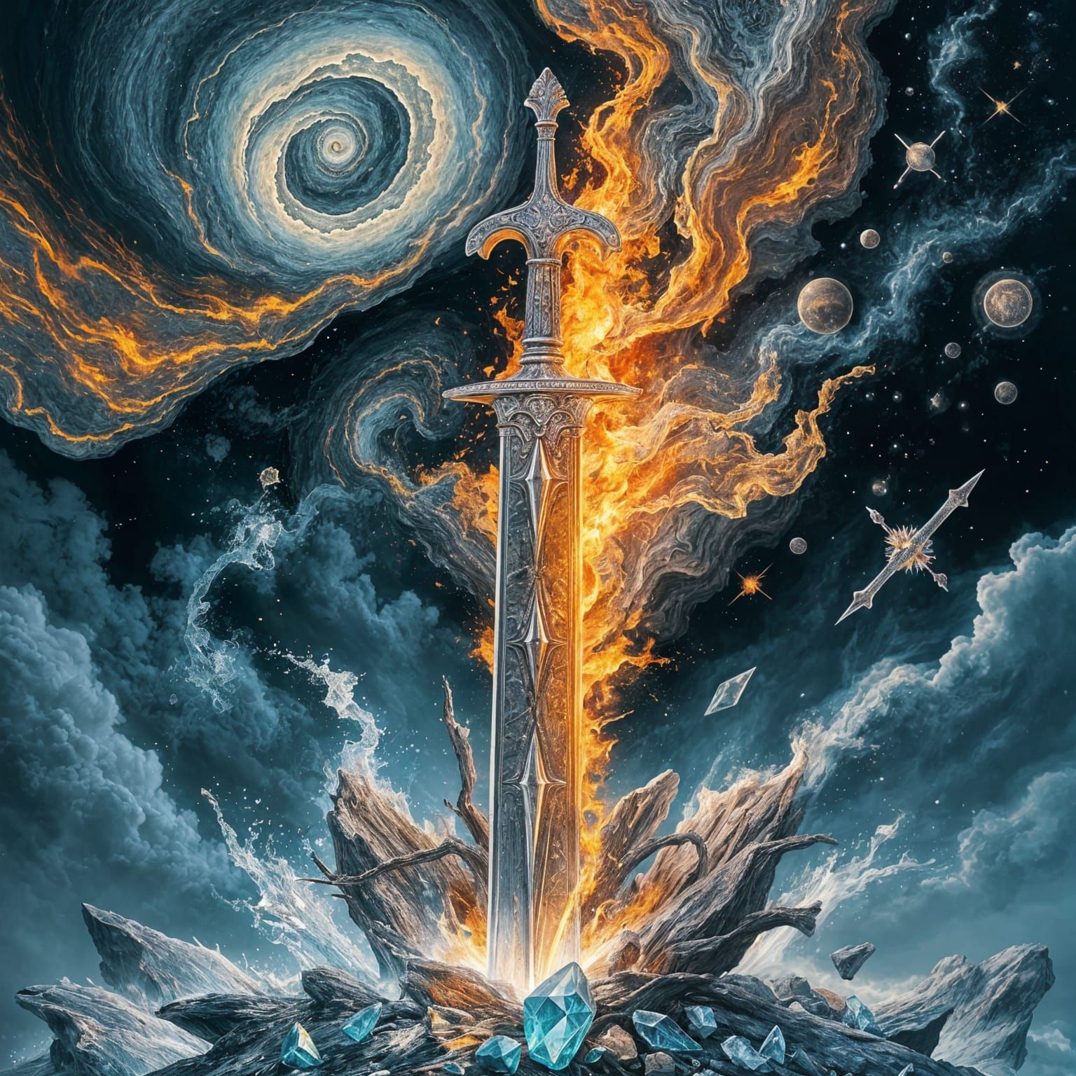 Majestic 4 Elements Silver Sword in Crystal Stone