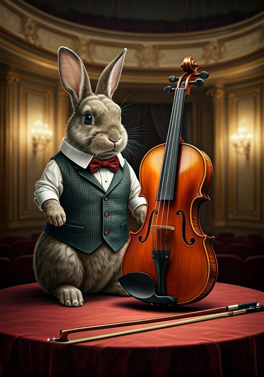 Elegant Rabbit Beside Antique Stradivarius Violin in Grand C...