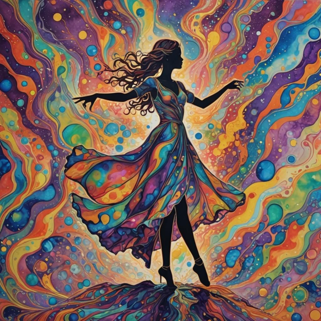 Psychedelic Dancer Silhouette with Flowing Dress