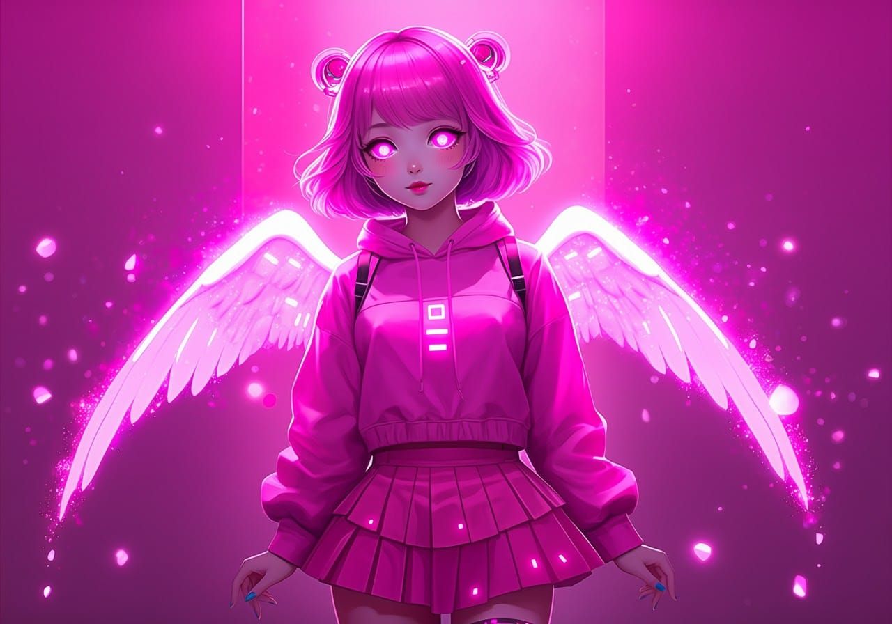 Kawaii Cyberpunk Angel with Pink Anime Style