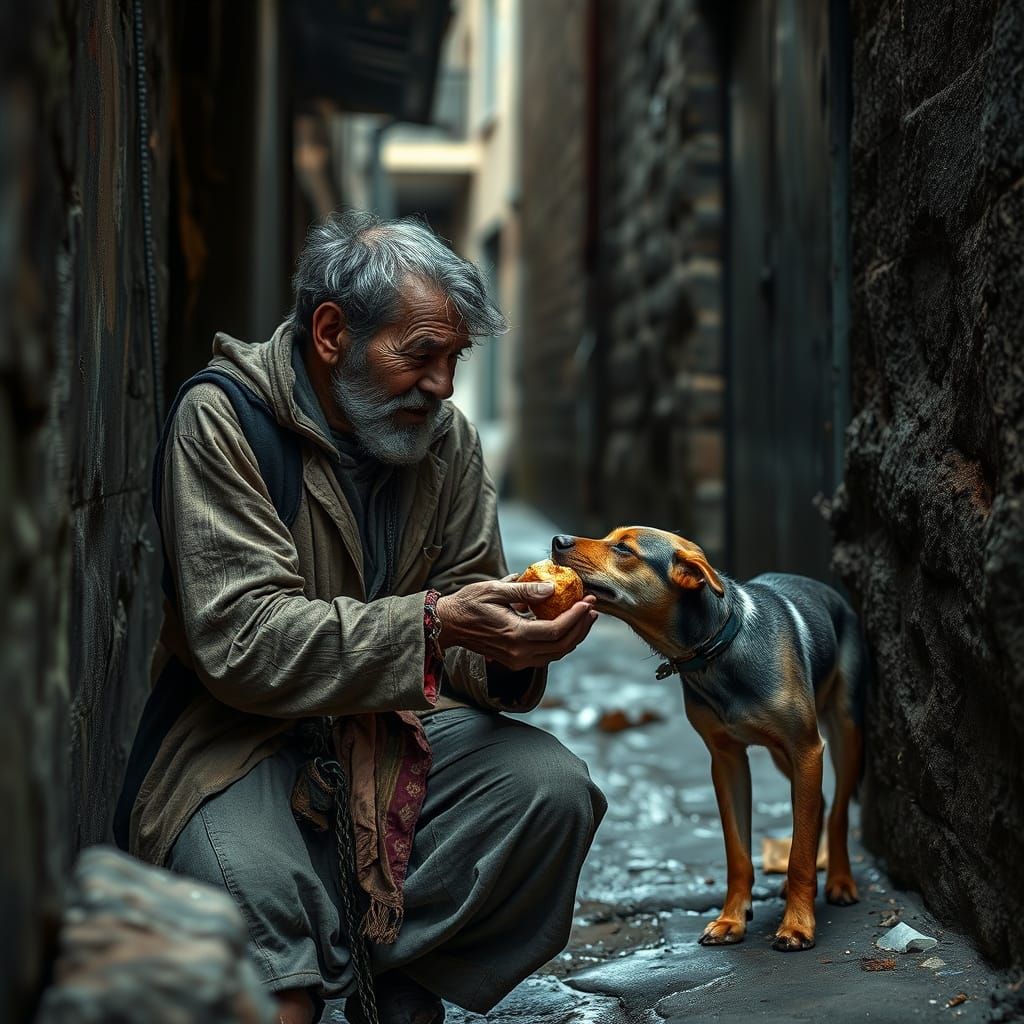 Destitute Man Shares Food With Stray Dog in Alleyway