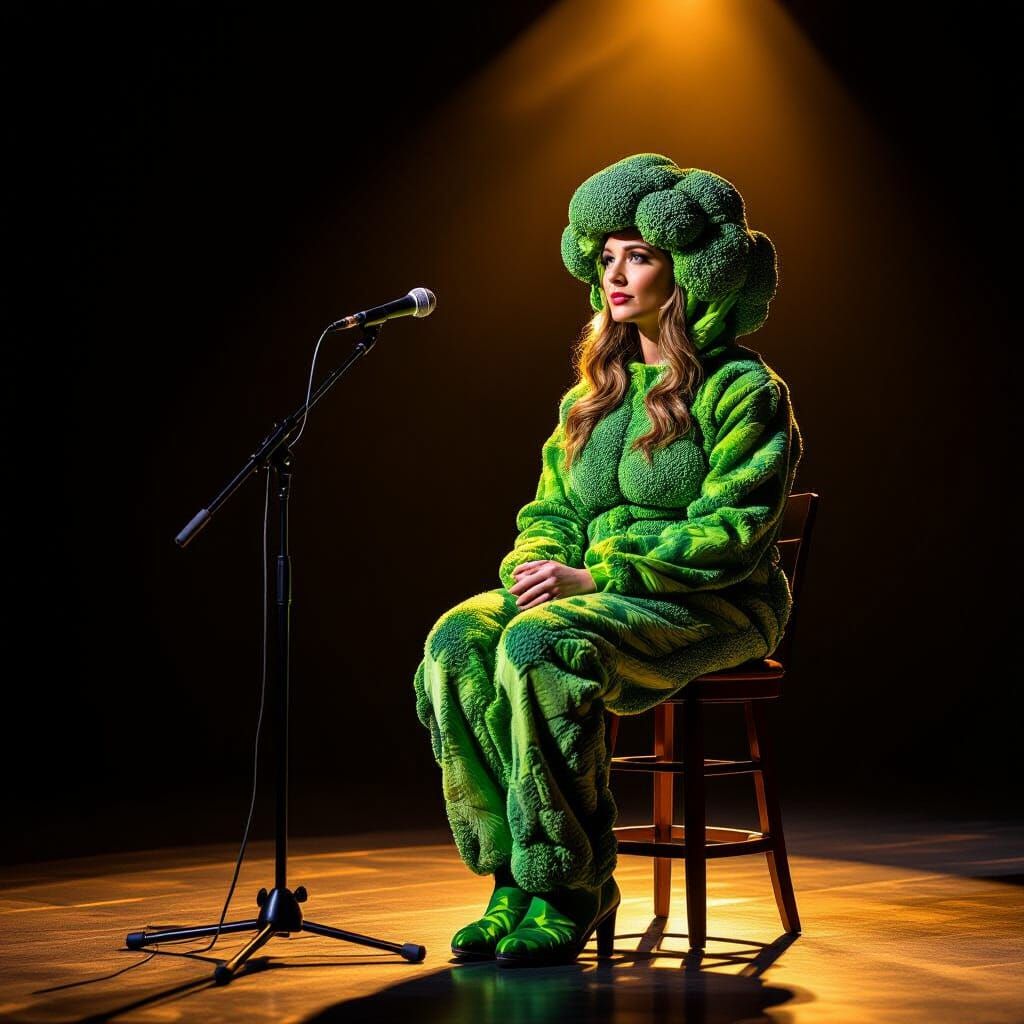 Woman in Broccoli Costume on Stage Spotlighted