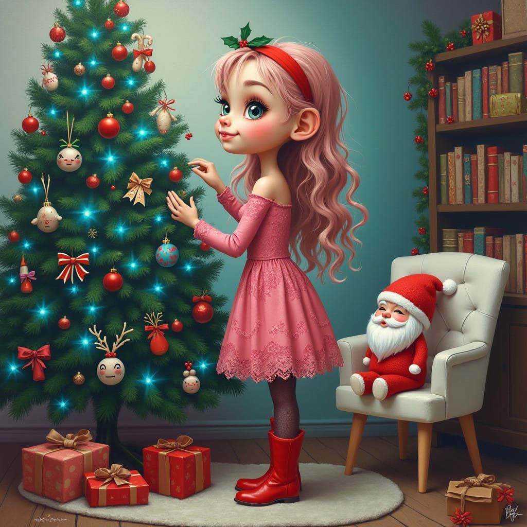 Gothic Christmas Scene in Folk Art Style