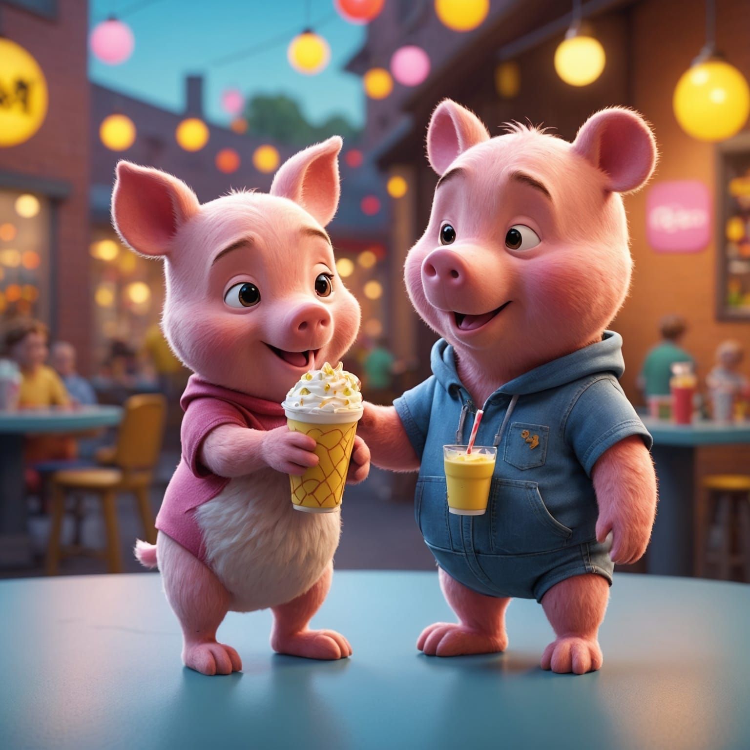 Piglet having a milkshake with her boyfriend.