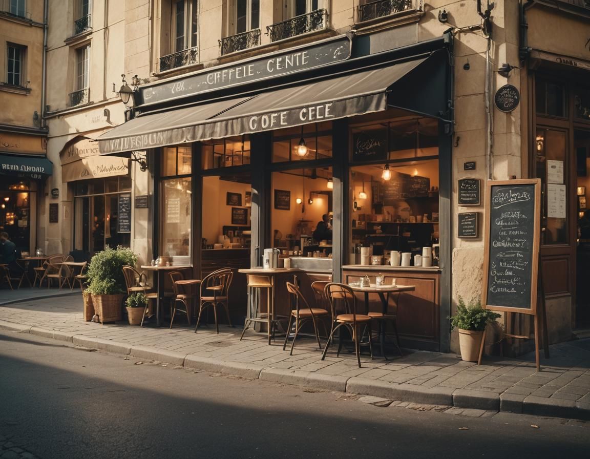 Cozy French Cafe Scene with Warm Lighting and Freshly Brewed...