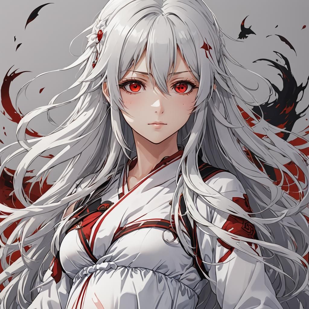 Pregnant Anime Girl with White Hair and Red Eyes