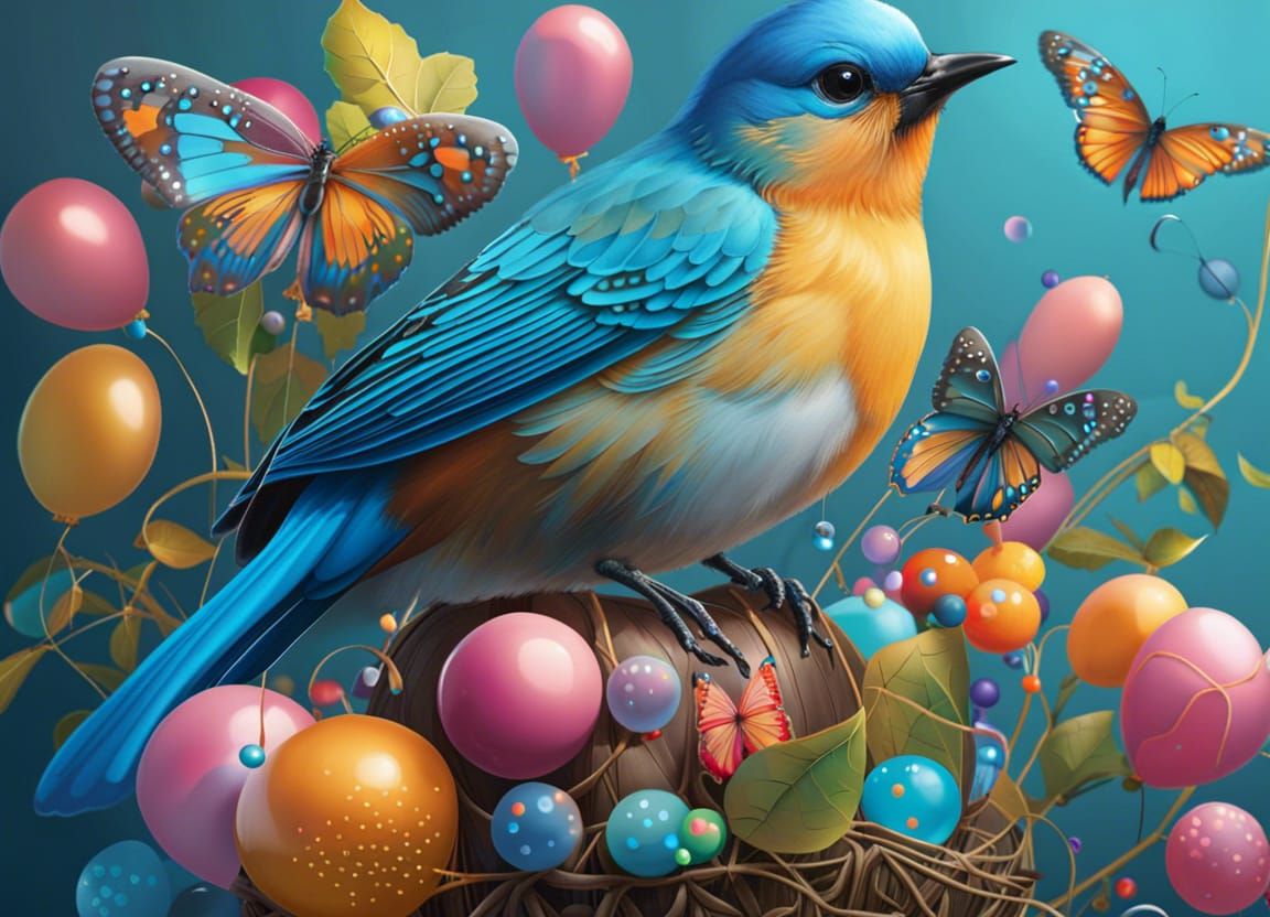 Colorful Bay Scene with Birds, Butterflies and Bubbles