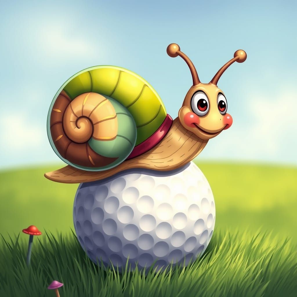 Cartoon Snail Slides Over Giant Golf Ball
