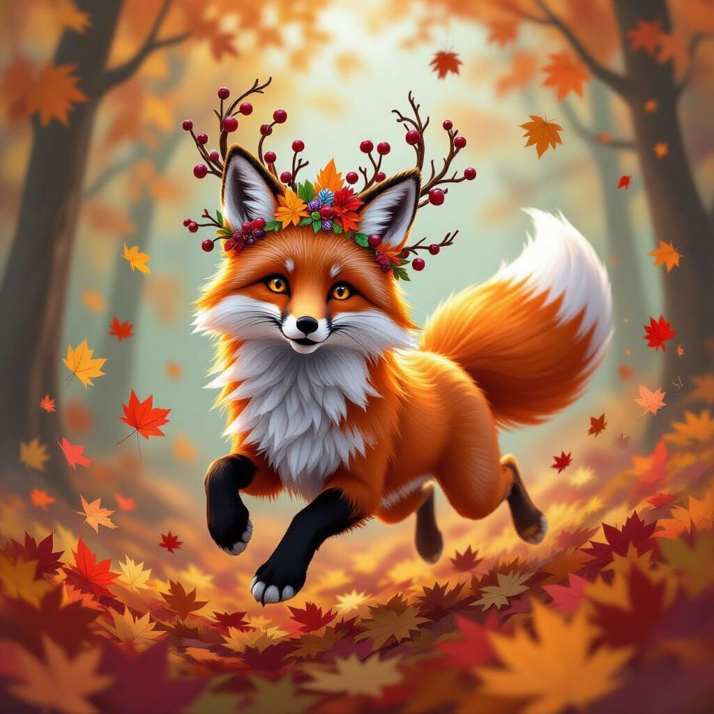 Whimsical Fox Spirit Crowned in Autumn Leaves