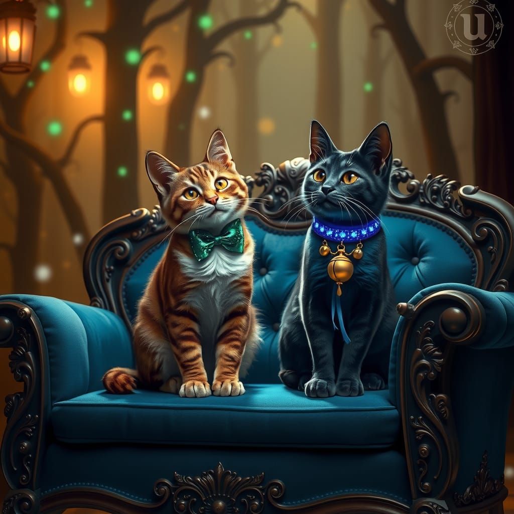 Cats Share Joke in Mystical Forest, Digital Painting