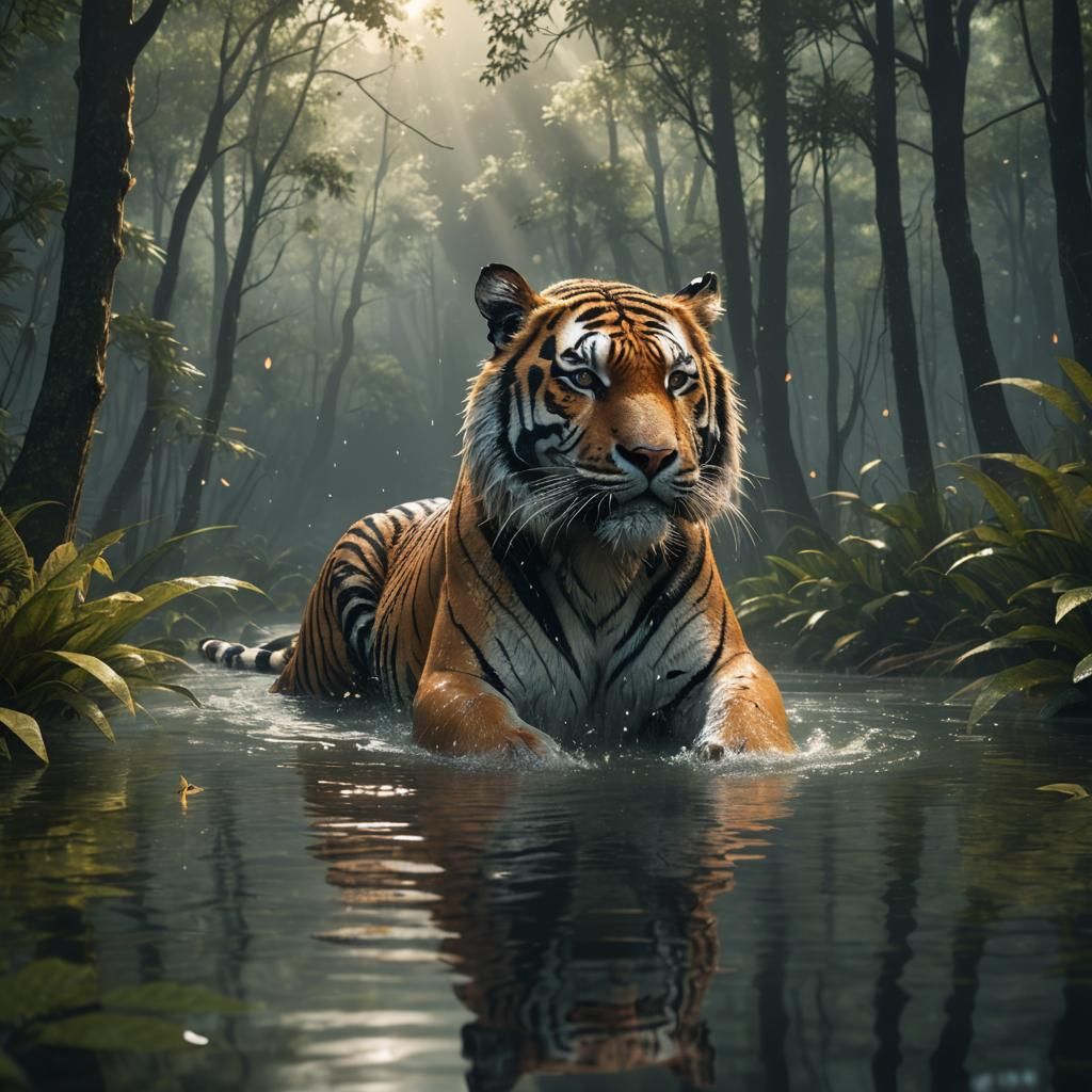 Tiger Transformation in Serene Forest: 3D Game Art