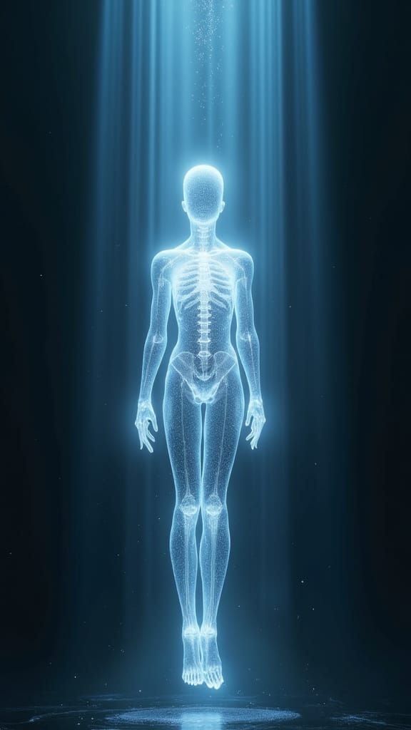 Radiant Humanoid Figure in Towering Light Beams