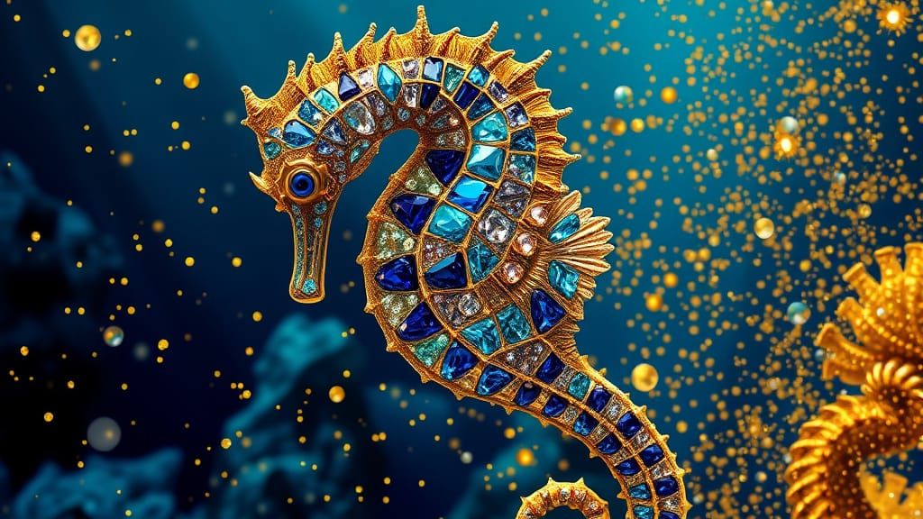 Ethereal Sea Horse in Glittering Sapphire and Gold