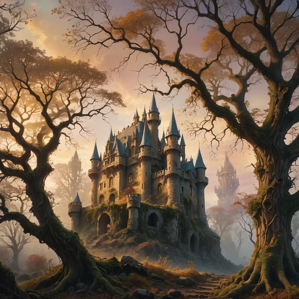 Ethereal Castle Ruins in Mystical Forest