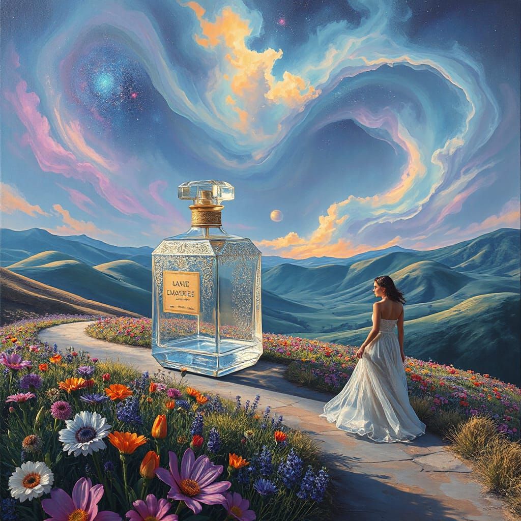 Ethereal Perfume Bottle in Alien Landscape, Splash Art